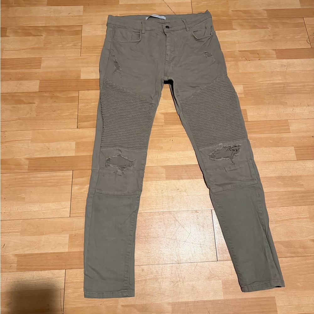 Zara Men Biker Cotton Moto Skater Skinny Khaki Olive Jean ripped raw punk grunge